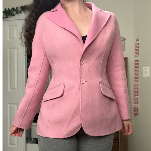 Vintage 80s Jôn Tailored Flocked Wool Knit Blazer Jacket Collared Candy Pink - Picture 2 of 14